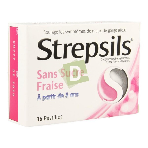 Strepsils sans sucre Fraise x 36 Pastilles à sucer : Combat l'infection de la gorge